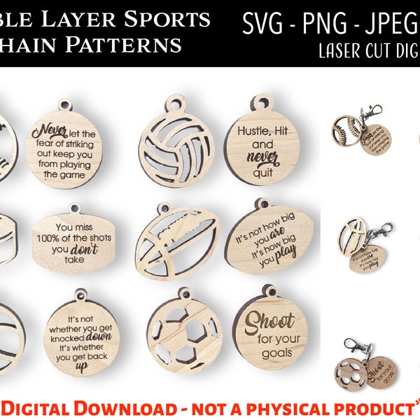 Laser Cut Digital File / Sports Keychain SVG, PNG / Glowforge / Baseball / Football / Basketball / Football / Soccer / Volleyball