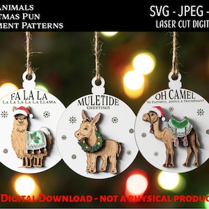 File digitale tagliato al laser, divertenti decorazioni natalizie con animali da soma in formato SVG, Glowforge, Oh cammello fedele, Fa La Llama, auguri Muletide, regalo