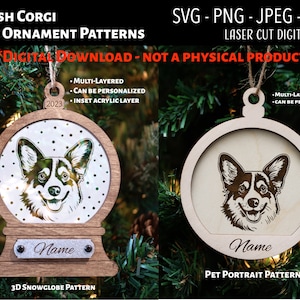 Lasergeschnittene Datei / 3D-Weihnachtsornament aus Holz und Acryl, digitale Datei / Welsh Corgis / Snowglobe SVG, PNG, JPEG / Glowforge / Hunde / Rasse