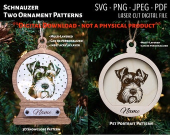 Può includere: Due modelli di download digitale per il taglio laser di un ornamento Schnauzer. Un modello è un globo di neve 3D con sfondo bianco e l'altro è un ritratto di animale domestico con sfondo in legno. Entrambi i modelli includono il testo "Nome" e sono multistrato e personalizzabili.