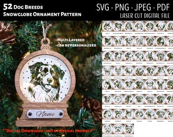 Laser Cut File / 3D Wood and Acrylic Christmas Ornament Digital File / Dog Breed Christmas Ornament / Snowglobe SVG, PNG, JPEG / Glowforge