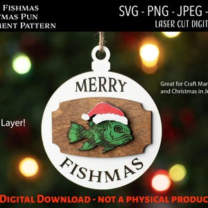 Fichier numérique découpé au laser, ornement de Noël joyeux Fishmas SVG, PNG, Glowforge, pêche, père Noël poisson, jeu de mots, poisson monté, drôle, père Noël secret