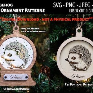 Arquivo de corte a laser / Arquivo digital de enfeite de Natal em madeira e acrílico 3D / Hedgehog / Snowglobe SVG, PNG, JPEG / Glowforge / Gravar / Pet