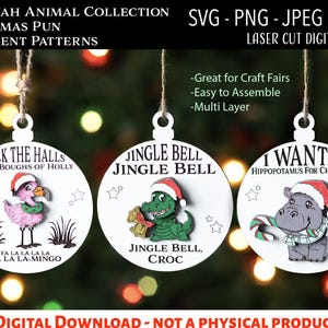 Fichier numérique découpé au laser, décorations de Noël animaux drôles de la savane SVG, PNG, Glowforge, hippopotame, crocodile, flamant rose, safari de Noël, père Noël