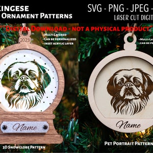 May include: Two digital download patterns for laser cutting a Pekingese dog ornament. One pattern is a 3D snowglobe with a nameplate and the other is a pet portrait ornament. Both patterns are multi-layered and can be personalized.
