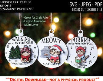 Laser Cut Digital File / Funny Cat Pun Christmas Ornaments SVG, PNG / Glowforge / Cat / Kitten / Santa Cat /Funny / 3D / Cat Christmas