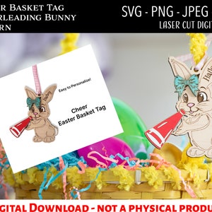 Fichier numérique découpé au laser / étiquette de panier de Pâques Cheer SVG / Glowforge / lapin de Pâques / enfants / remplisseur de panier / personnalisé / sport / pom-pom girl