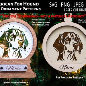 Fichier découpé au laser / Fichier numérique 3D de décoration de Noël en bois et acrylique / American Fox Hound / Boule à neige SVG, PNG / Glowforge / Animal de compagnie / Hound Dog