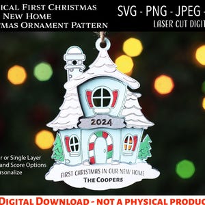 Archivo digital cortado con láser, primer adorno navideño familiar en nuestro nuevo hogar SVG, PNG, Glowforge, nombres personalizados, pan de jengibre
