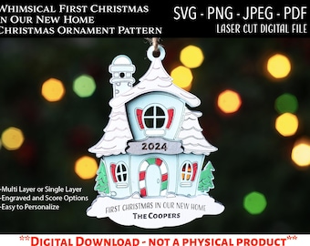 Laser Cut Digital File, First Christmas in Our New Home Family Christmas Ornament SVG, PNG, Glowforge,  Personalized Names, Gingerbread