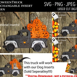 Könnte beinhalten: Ein schwarz-weißer Halloween-Truck mit einem "Trick or Treat"-Schild und einer Ladefläche voller orangefarbener Kürbisse. Der Truck ist eine digitale Download-Datei zum Laserschneiden.
