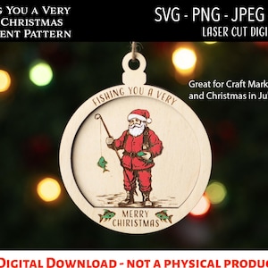 Archivo digital cortado con láser, adorno navideño vintage de Papá Noel con diseño de pesca SVG, PNG, Glowforge, peces, ideas para regalos de pesca, regalo para papá, pesca
