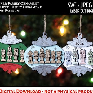 Arquivo digital cortado a laser, enfeite de Natal personalizado de quebra-nozes da família SVG, Glowforge, enfeite de família, cachorro quebra-nozes, gato quebra-nozes