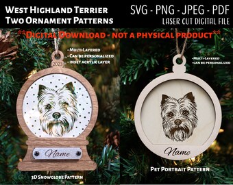 Laser Cut File / 3D Wood and Acrylic Christmas Ornament Digital File / West Highland Terrier / Snowglobe SVG, PNG, JPEG / Glowforge / Dogs