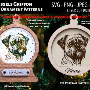 File tagliato al laser / Ornamento natalizio in legno e acrilico 3D File digitale / Grifone di Bruxelles / Snowglobe SVG, PNG / Glowforge / Animale domestico / Cane / Cucciolo