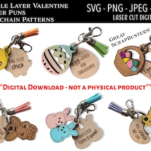 Fichier numérique découpé au laser / Pâques porte-clé SVG, PNG / Glowforge / lapin de Pâques / étiquette de panier / Peep / Scrap buster / poussin / oeuf de Pâques / lapin