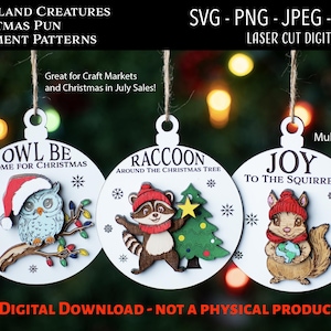 Arquivo digital cortado a laser, Enfeites de Natal de criaturas engraçadas da floresta SVG, Glowforge, Coruja de Natal, Esquilo de Natal, Guaxinim de Natal