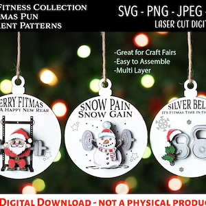 File digitale tagliato al laser, Divertenti ornamenti natalizi per palestra SVG, PNG, Glowforge, Fitness, Regali per ratti da palestra, Allenamento con i pesi SVG, Fitmas, Fitness
