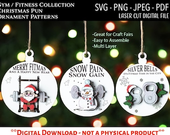 Laser Cut Digital File, Funny Gym Christmas Ornaments SVG, PNG, Glowforge, Fitness, Gifts for Gym Rats, Weight Training SVG, Fitmas, Fitness