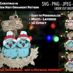Archivo digital cortado con láser / Primera Navidad en nuestro nuevo adorno navideño Nest SVG, PNG / Glowforge / Nombres personalizados / Nido de pájaro / Nuevo hogar