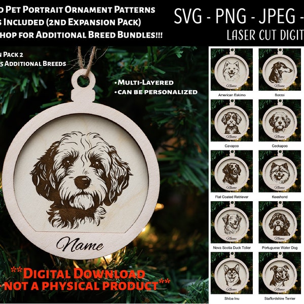 Laser Cut File / Christmas Ornament Digital File / Dog Breed Christmas Ornament / Pet Portrait SVG, PNG, JPEG / Glowforge / Expansion Pack 2