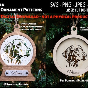 Lasergeschnittene Datei / 3D-Weihnachtsornament aus Holz und Acryl, digitale Datei / Vizsla / Schneekugel SVG, PNG, JPEG / Glowforge / Hunde / Rasse / Welpe