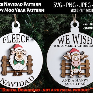 File digitale tagliato al laser / Fleece Navidad e Happy Moo Year Ornamenti natalizi SVG, PNG / Glowforge / Fattoria / Mucca / Pecora / Recinzione / Divertente