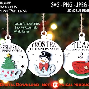 Arquivo digital cortado a laser, enfeites de Natal da coleção de chá SVG, PNG, Glowforge, trocadilho, boneco de neve, xícara de chá, engraçado, chá, presentes para bebedores de chá