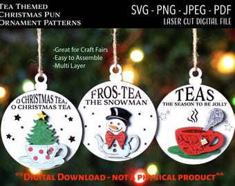 Laser Cut Digital File, Tea Collection Christmas Ornaments SVG, PNG, Glowforge, Pun, Snowman, Teacup, Funny, Tea, Gifts for Tea Drinkers