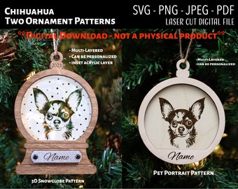 Laser Cut File / 3D Wood and Acrylic Christmas Ornament Digital File / Chihuahua Dog / Snowglobe SVG, PNG, JPEG / Glowforge / Dogs / Toy Dog