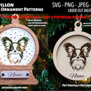 Archivo cortado con láser / Madera 3D y adorno navideño acrílico Archivo digital / Papillon / Snowglobe SVG, PNG / Glowforge / Mascota / Perro / Cachorro / Regalo