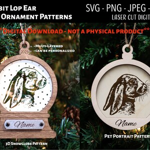 Laser Cut Datei / 3D Holz Acryl Ornament Digitale Datei / Kaninchen Hängeohr / Schneekugel SVG, PNG, JPEG / Glowforge / Haustier / Bauernhof