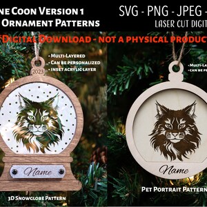 Fichier découpé au laser / Fichier numérique 3D de décoration de Noël en bois et acrylique / Maine Coon 1 / Boule à neige SVG, PNG, JPEG / Glowforge / Chat / Chaton