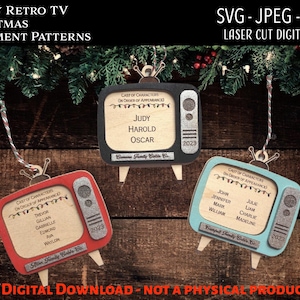 Wycinany laserowo plik cyfrowy / Retro TV Rodzinna ozdoba świąteczna SVG, PNG / Glowforge / Spersonalizowane nazwy / Świąteczny film rodzinny / Grawerowane