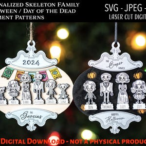 Arquivo digital cortado a laser, ornamento personalizado de esqueleto de Halloween do Dia dos Mortos SVG, Glowforge, ornamento de família, Dios de los Muertos, cachorro