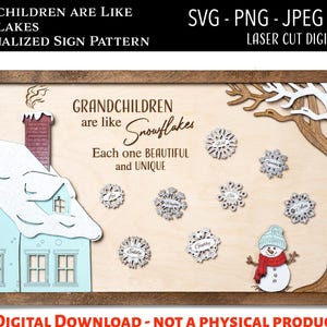 Fichier numérique découpé au laser, signe flocon de neige petits-enfants SVG, PNG, Glowforge, cadeaux pour grand-mère, signe personnalisé petits-enfants, cadeaux pour maman
