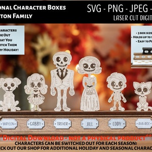 レーザーカット デジタル ファイル / ファミリー スケルトン キャラクター ボックス オーナメント SVG、PNG / Glowforge / ファミリー / スケルトン / 死者の日 / ハロウィン