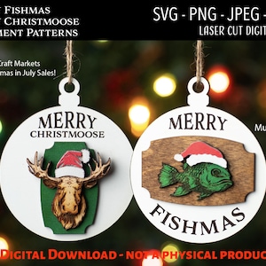 Archivo digital cortado con láser, Merry Fishmas, Merry Christmoose Christmas Ornament SVG, PNG, Glowforge, Moose, Fish, Mounted Head, Pun, Funny, Dad