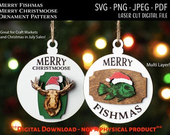 Laser Cut Digital File, Merry Fishmas, Merry Christmoose Christmas Ornament SVG, PNG, Glowforge, Moose, Fish, Mounted Head, Pun, Funny, Dad