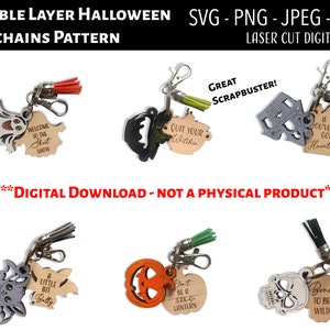 Lasergesneden digitaal bestand / Halloween sleutelhanger SVG, PNG / Glowforge / pompoen / motiverend / bevestiging / Ghost / Bat / Witch / Scrap buster