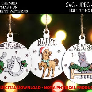 Lasergesneden digitaal bestand, kerstversieringen met paardthema, SVG, Glowforge, Mare-y Christmas, Hoof Yourself, Happy Holi-Neighs, paardencadeaus