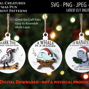 Laser geschnittene digitale Datei, Küstentiere Weihnachtsschmuck SVG, PNG, Glowforge, Manatee, Reiher, ein Wal in einer Krippe, Wichtel, lustig