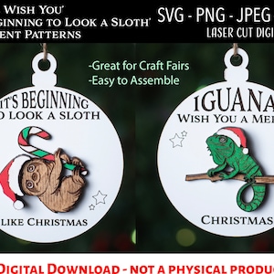 Lasergesneden digitaal bestand, leguaan wens je een vrolijk kerstfeest Ornament SVG, Glowforge, woordspeling, grappig, hagedis, cadeau voor hagedisliefhebber, exotisch huisdier