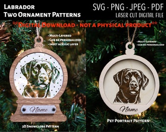 Può includere: Due modelli di download digitale per il taglio laser di un ornamento per cani Labrador. Un modello è un design di sfera di neve 3D con sfondo bianco e l'altro è un design di ritratto di animali domestici con sfondo marrone. Entrambi i modelli includono il testo "Nome" e sono multistrato, personalizzabili e possono essere personalizzati.
