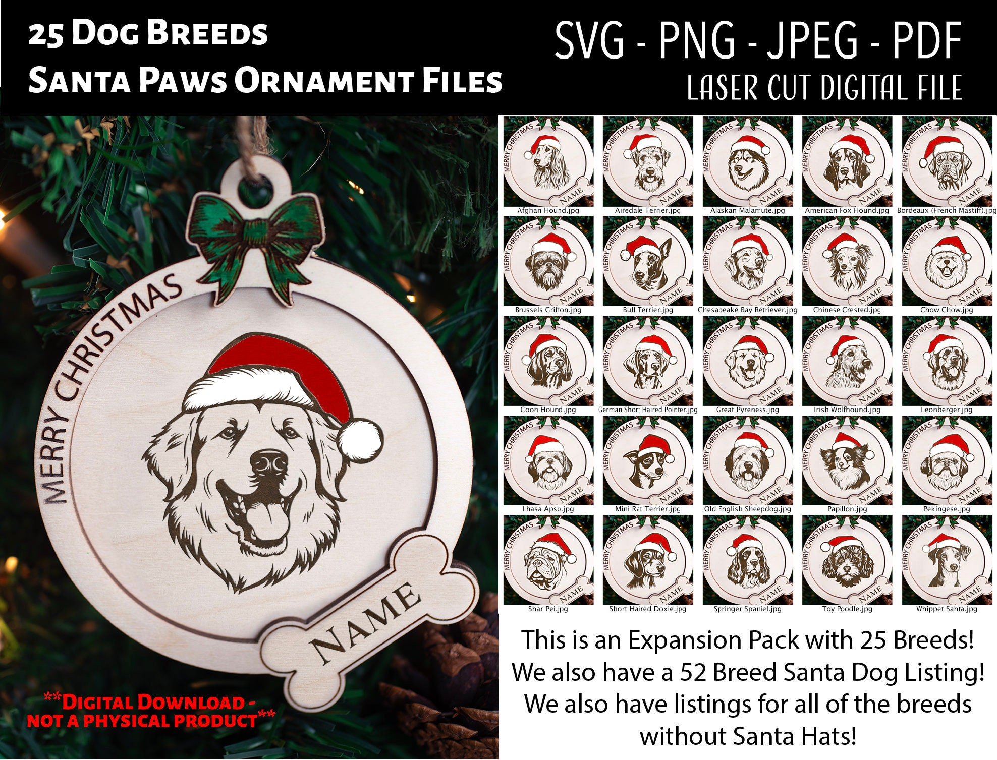Laser Cut File / Digital File / Santa Paws Dog Breed Expansion Pack Christmas Ornament / Pet Portrait SVG, PNG, JPEG / Glowforge / Dogs