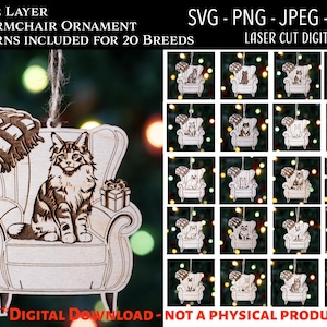 Fichier découpé au laser, fichier numérique d'ornement de Noël, ornements de fauteuil de Noël de race de chat, Glowforge, chat SVG, cadeau de femme de chat, Maine coon, miaou
