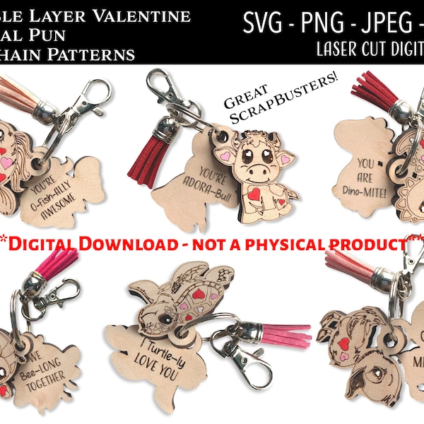 Archivo digital cortado con láser / Llavero animal de San Valentín SVG, PNG / Glowforge / Divertido / Amor / Lindo / Día de San Valentín / Destructor de chatarra / Love Pun