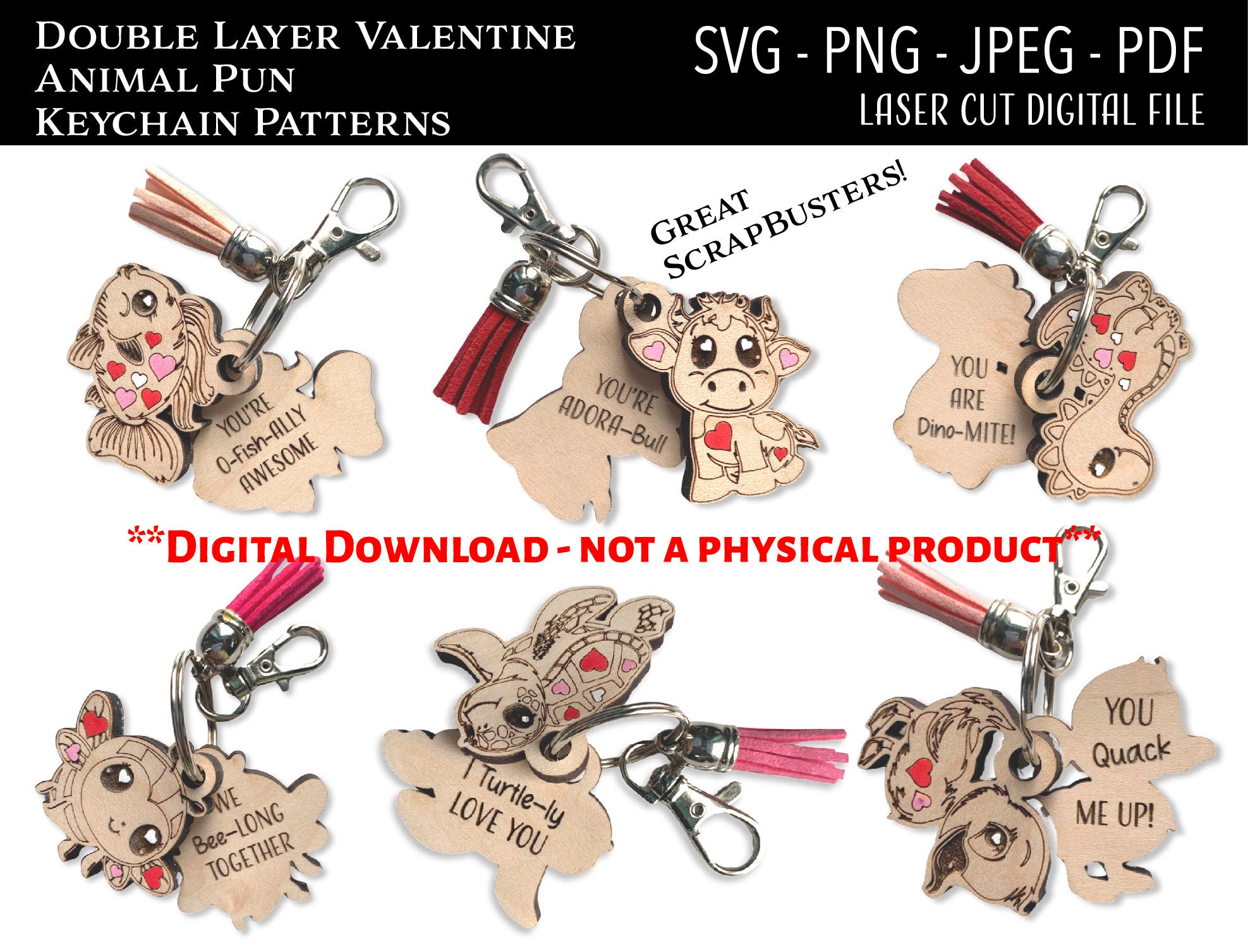 Laser Cut Digital File / Valentine Animal Keychain SVG, PNG / Glowforge / Funny / Love / Cute / Valentine's Day / Scrap buster / Love Pun