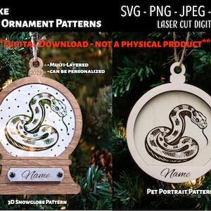 Arquivo de corte a laser / Arquivo digital de enfeite de Natal em madeira e acrílico 3D / Snake / Snowglobe SVG, PNG, JPEG / Glowforge / Gravar / Réptil Pet