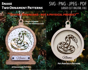 Laser Cut File / 3D Wood and Acrylic Christmas Ornament Digital File / Snake / Snowglobe SVG, PNG, JPEG / Glowforge / Engrave / Reptile Pet